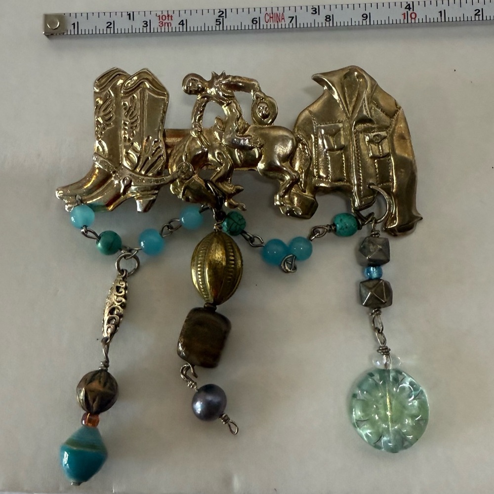 Western Themed Gold Tone Brooch with Beaded Charms